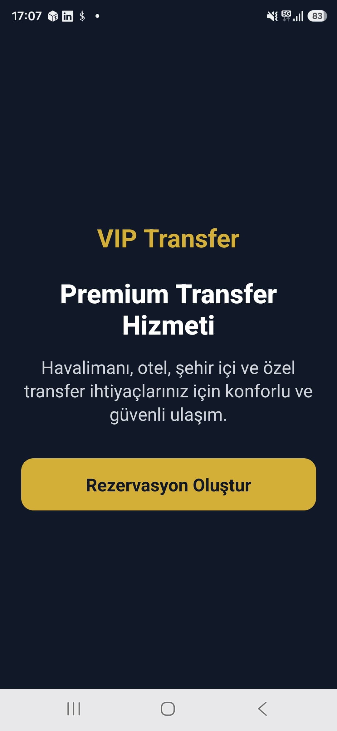 VIP Transfer mobile application home screen